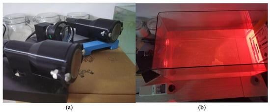 Photographs of the experimental setup: (a) non-operating state, (b) operating state.