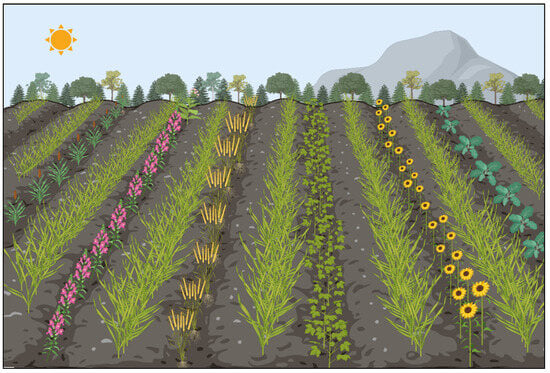 Schematic illustration of regenerative agriculture practices highlighting permanent soil cover, crop diversification, and the maintenance of living roots. These principles collectively enhance soil structure, promote belowground biological activity, support beneficial organisms, and improve agroecosystem resilience.