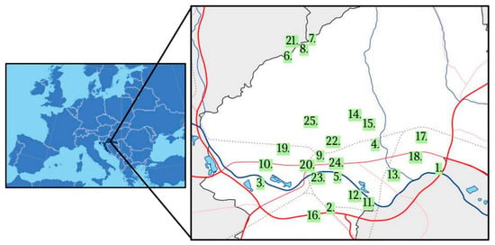 Sampling locations: 1. Hrušćica highway interchange; 2. Bauhaus mall Buzin; 3. Baseball Club Jarun, near the Sava River; 4. Borongaj; 5. Bundek, east; 6. St. Jakov church; 7. Činovnička meadow, lower part of the forest; 8. Činovnička meadow, bottom; 9. headship of the city of Zagreb; 10. Grubišnopolje Road, Rudeš; 11. Jakuševec landfill, east; 12. Jakuševec landfill, middle; 13. JANAF oil terminal Žitnjak; 14. Ravine Rebar Kozjak; 15. stream in Maksimir Park, near Bukovačka street; 16. Mala Mlaka, near water supply station; 17. Mikuševa street, Dubec; 18. Novi Jelkovec; 19. Park pravednika među narodima; 20. Prisavlja, along the Sava River; 21. Sljeme peak, meadow; 22. Strossmayer Square; 23. the wider area around the Kunišćak weir; 24. Trnjan embankment; 25. Tuškanac, meadow (modified from: https://www.d-maps.com/pays.php?num_pay=4967&lang=en; https://mapswire.com; accessed on 16 July 2026).