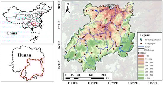 The location of the study area in China and the spatial distribution of hydrological stations and rain gauges.