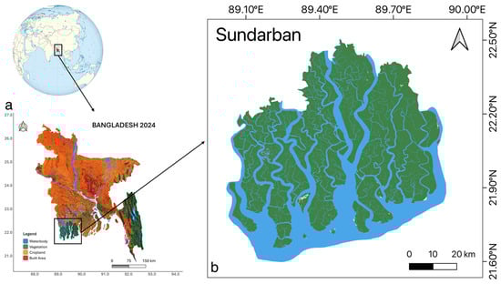 Location of the study area: (a) map of Bangladesh showing the position of the Sundarbans in the southwest region, and (b) detailed map of the Sundarbans Mangrove Forest.