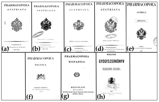 Title pages of the studied pharmacopoeias. Ph. Austriaca I (a); Ph. Austriaca II (b); Ph. Austriaca III (c); Ph. Austriaca IV (d); Ph. Austriaca V (e); Ph. Belg. (f); Ph. Hisp. (g); Ph. Hg. I (h).