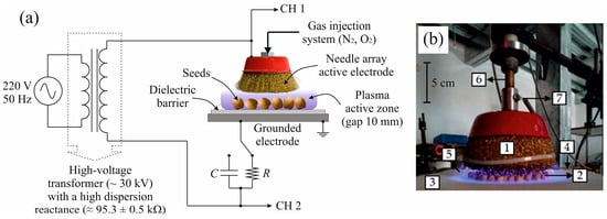 (a) Diagram of the Dielectric Barrier Discharge (DBD) plasma system and measurement circuit, and (b) image of the DBD plasma system during the treatment of chickpea (Cicer arietinum L., Fabaceae, ‘Felipe UNC-INTA’) seeds. 1: Needle array active electrode, 2: seeds, 3: dielectric barrier, 4: grounded electrode, 5: plasma active zone, 6: gas injection system, 7: connection to the high-voltage transformer.