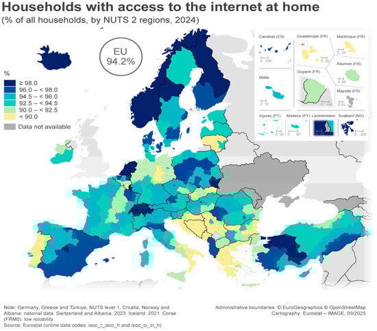 Geographical distribution of Internet use as a percentage of the total population of NUTS2 regions.