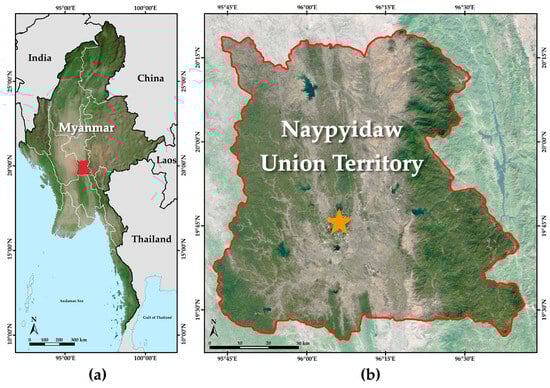 Study area: (a) Map showing the position of Naypyidaw Union Territory (highlighted in red) within Myanmar. (b) Topographic map of Naypyidaw Union Territory. Base map adapted from Esri Topographic Map—Source: Esri, Garmin, GEBCO, NOAA NGDC, and other contributors (accessed on 12 October 2025): the star symbol indicates the collection site coordinates. Created by Thawatphong Boonma using Pixelmator Pro (Version 3.6.15, Archipelago, 2025; Pixelmator Team, Vilnius, Lithuania).