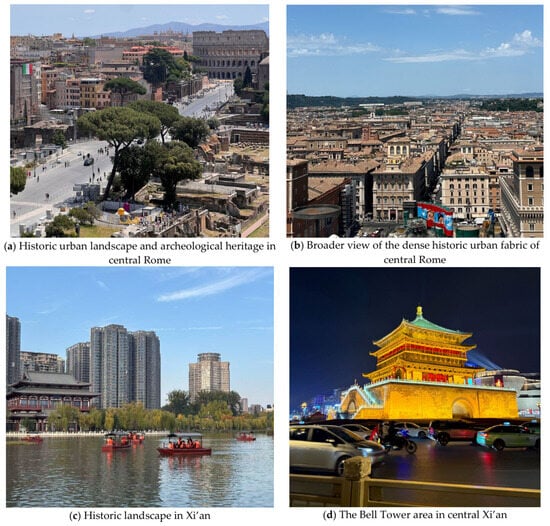Representative urban landscapes and heritage–development contexts in Rome and Xi’an. (a) Historic urban landscape and archeological heritage in central Rome, showing the coexistence of ancient heritage features, established urban fabric, and contemporary urban activities; (b) broader view of the dense historic urban fabric of central Rome; (c) historic landscape in Xi’an, illustrating the juxtaposition of a major historic landmark with surrounding contemporary high-rise development; and (d) the Bell Tower area in central Xi’an, showing the integration of historic heritage with contemporary transportation and urban activities.