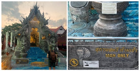 Access-restricted heritage context at the Silver Ubosot temple, illustrating physical access limitations and the on-site visitor perspective. The Thai sign in the lower-right image indicates that women are not permitted to enter the ordination hall and requests visitors to remove their shoes.