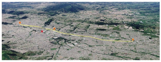 Pedro Vicente Maldonado Avenue—the map was generated by the authors using Google Earth Pro software (version 7.3, https://earth.google.com/web/ (accessed on 14 April 2026)), Google, Map data.