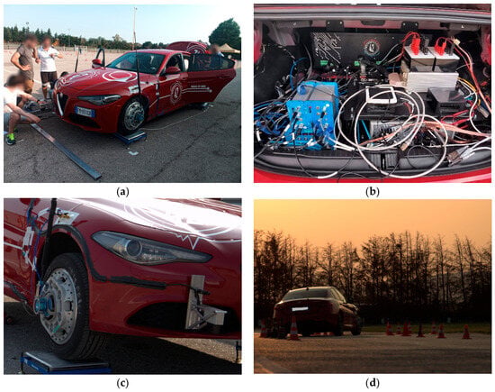 (a) Alfa Romeo Giulia car used during the on-track test activities, (b) data acquisition systems mounted in the car trunk, (c) Kistler devices for measurement of side-slip angle using Correvit S-motion and wheel hub forces using dynamometric wheels, and (d) Double Lane Change manoeuvre execution.