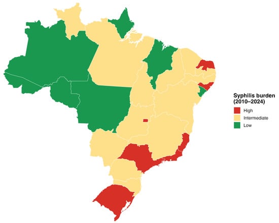 Classification of Syphilis Burden in Brazil by state, 2010–2024.