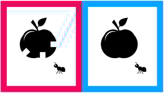 Example of Child-Friendly Minimum-Separable Chart optotypes. The optotype on the left (red border) has gaps similar to those used in the Landolt ring, and it appears to be partially eaten. The optotype on the right (blue border) has no gaps, and it appears not to have been eaten.