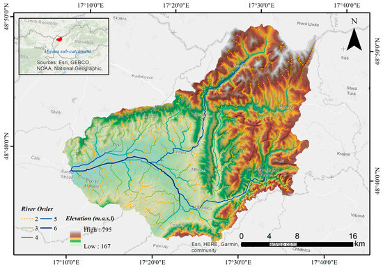 Geographical location, elevation gradient, and river network of the Myjava Basin.