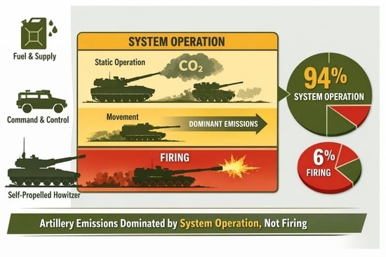 System-based greenhouse gas assessment logic and source hierarchy for the standardized artillery-training scenario. All values reproduce the calculation Tables reported in the manuscript. The graphical layout was generated with AI assistance using ChatGPT powered by GPT-5.6 (OpenAI, San Francisco, CA, USA; accessed in July 2026) based on the authors’ prompts; all numerical content was independently cross-checked against the underlying calculations.