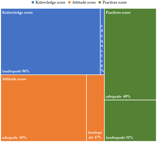 Results of the KAP Survey. Average score: Knowledge 9.19 ± 4.43; Attitude 4.15 ± 0.83; Practices 6.66 ± 1.39.